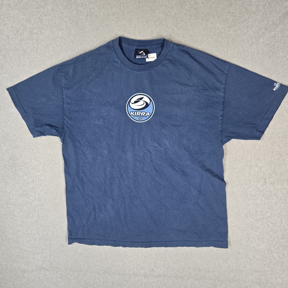 VINTAGE Kirra Men Shirt XXL Blue Surfboard Surf Graphic Logo Short Sleeve READ
